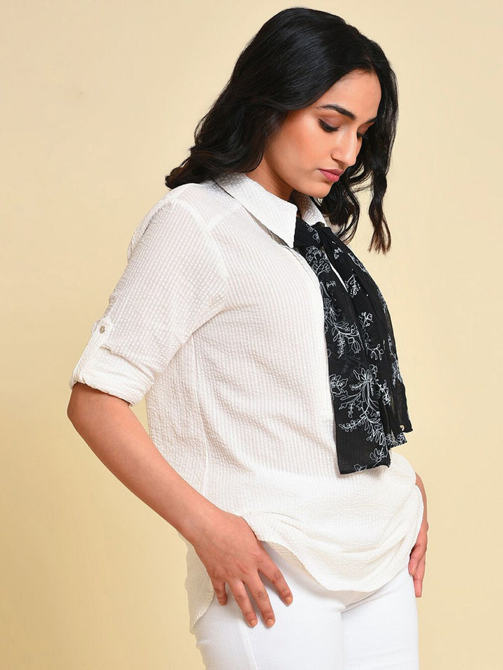 W Roll-Up Sleeves Cotton Shirt Style Top With Detachable Scarf