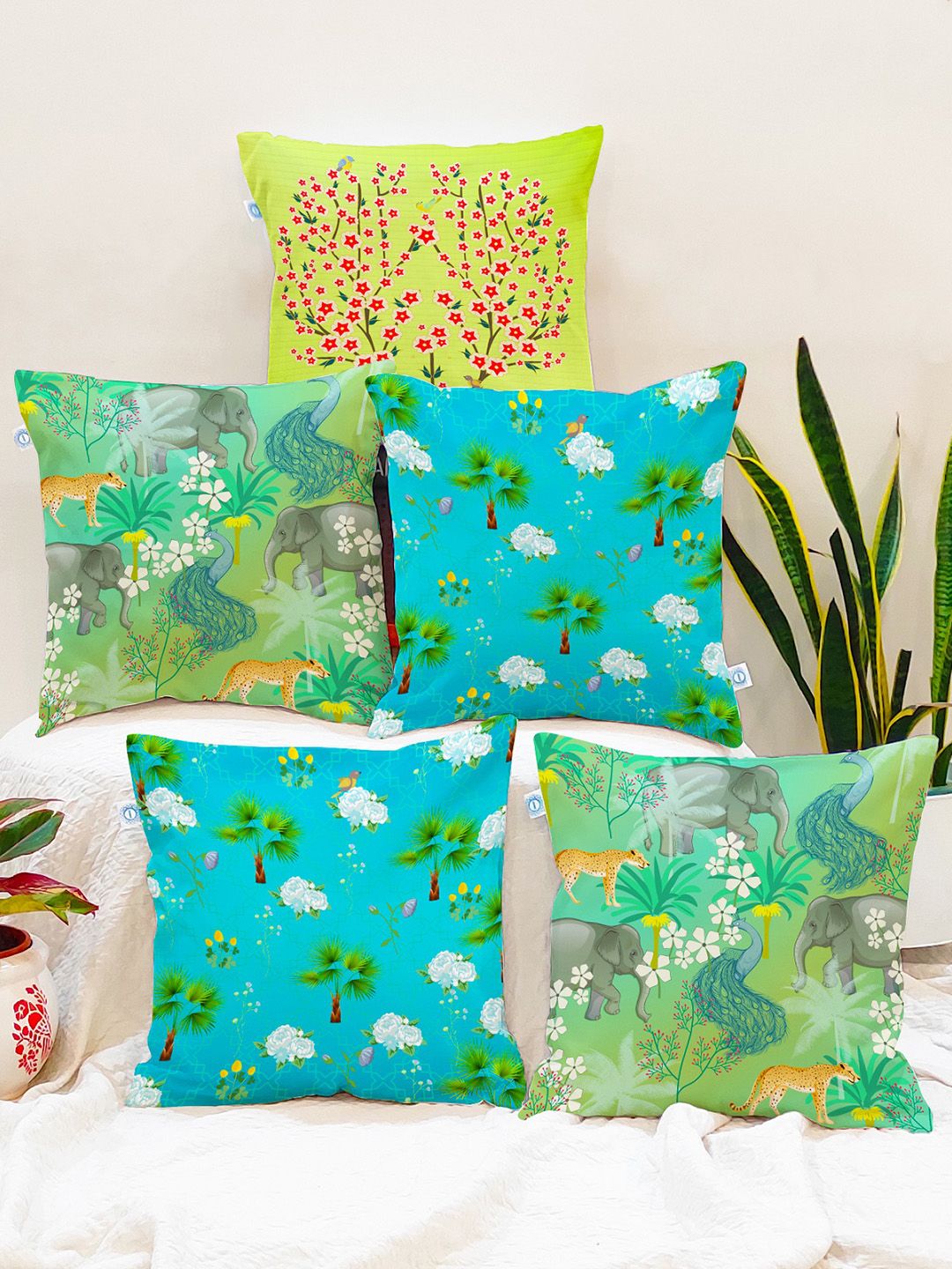 STITCHNEST Green & White Set of 5 Floral Square Cushion Covers