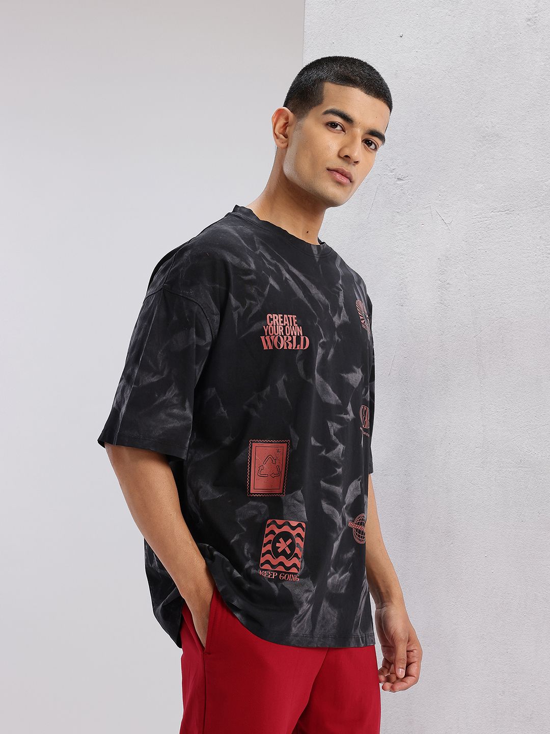 HRX by Hrithik Roshan Printed Drop-Sleeves Pure Cotton Oversized Lifestyle T-shirt