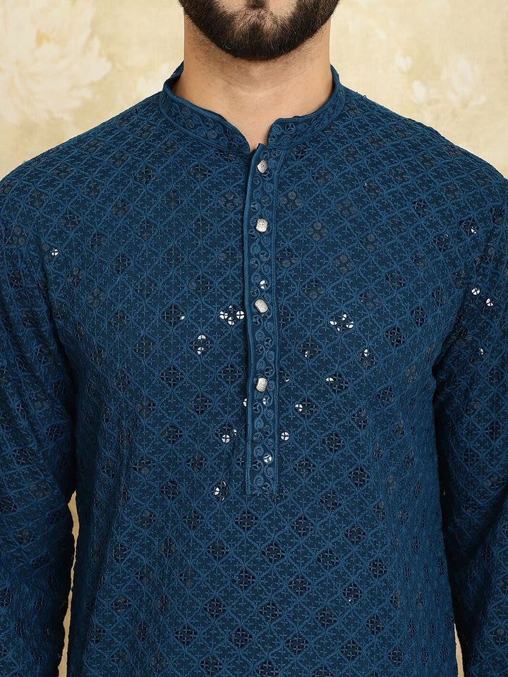 SOJANYA Geometric Embroidered Mandarin Collar Sequinned Pure Cotton Kurta with Churidar