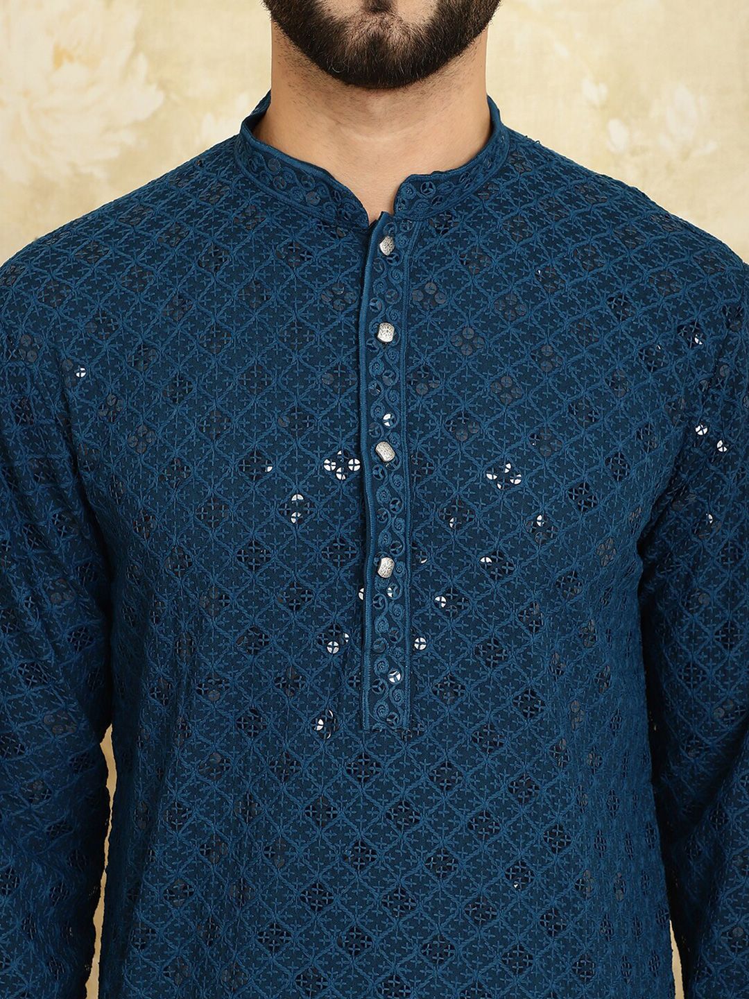 SOJANYA Geometric Embroidered Mandarin Collar Sequinned Pure Cotton Kurta with Churidar