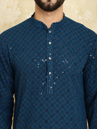 SOJANYA Geometric Embroidered Mandarin Collar Sequinned Pure Cotton Kurta with Churidar