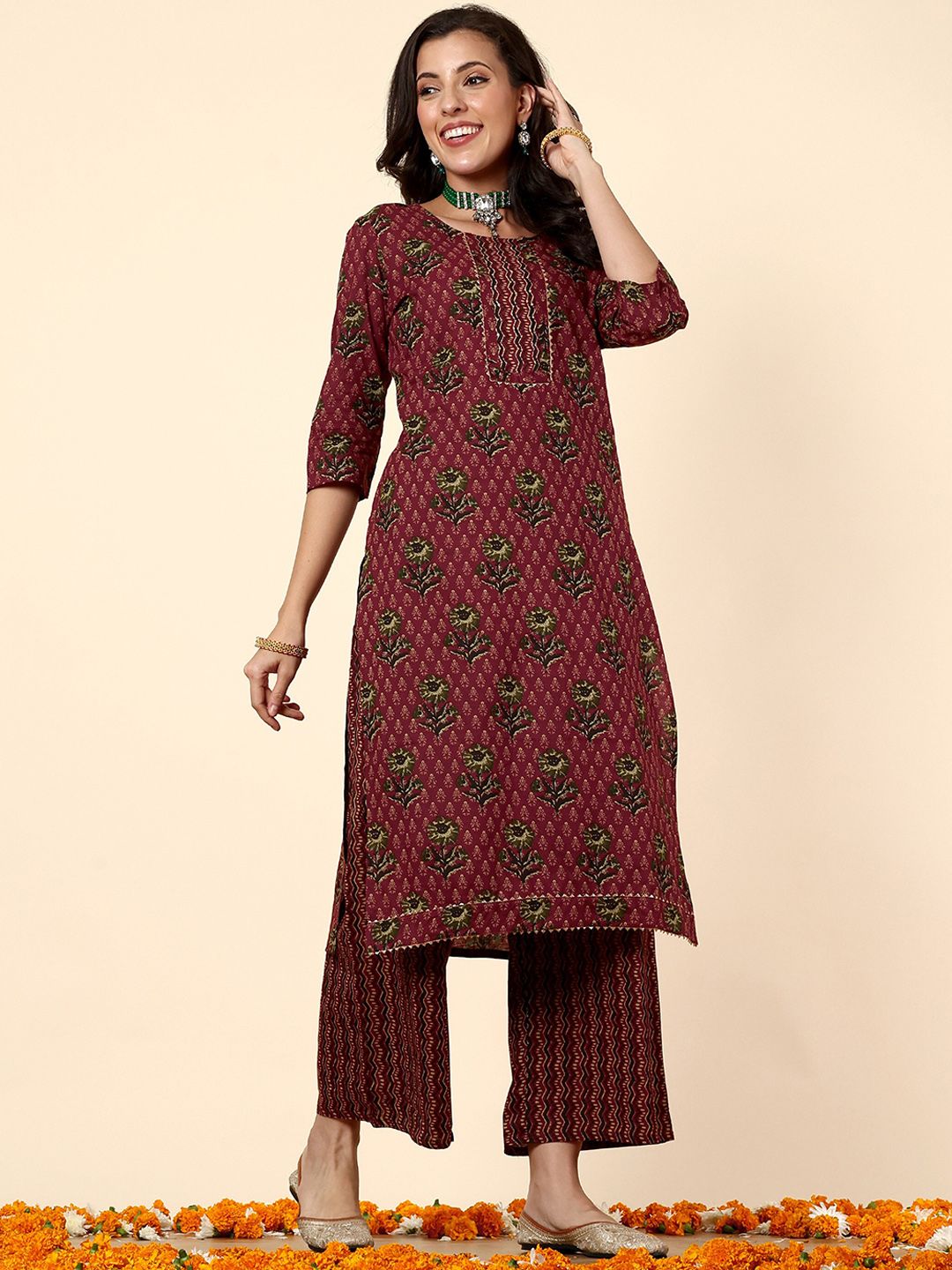 Anouk Maroon & Green Ethnic Printed Pure Cotton Straight Kurta With Palazzos & Dupatta