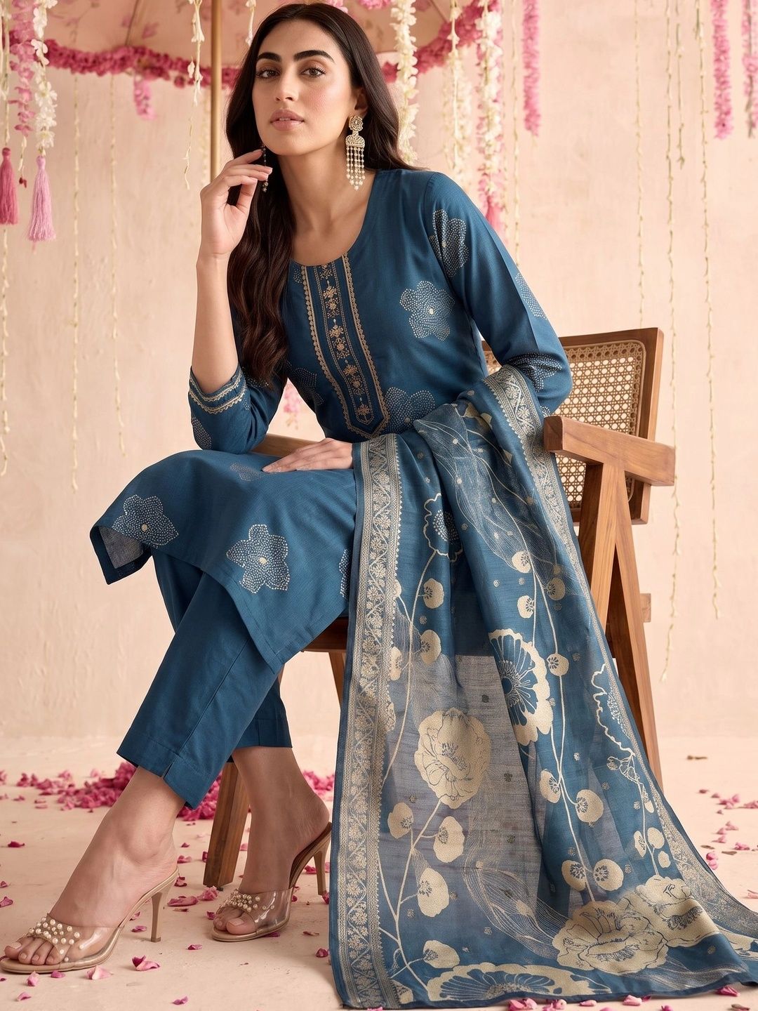Mamicha Women Floral Printed Regular Kurta with Trousers & With Dupatta