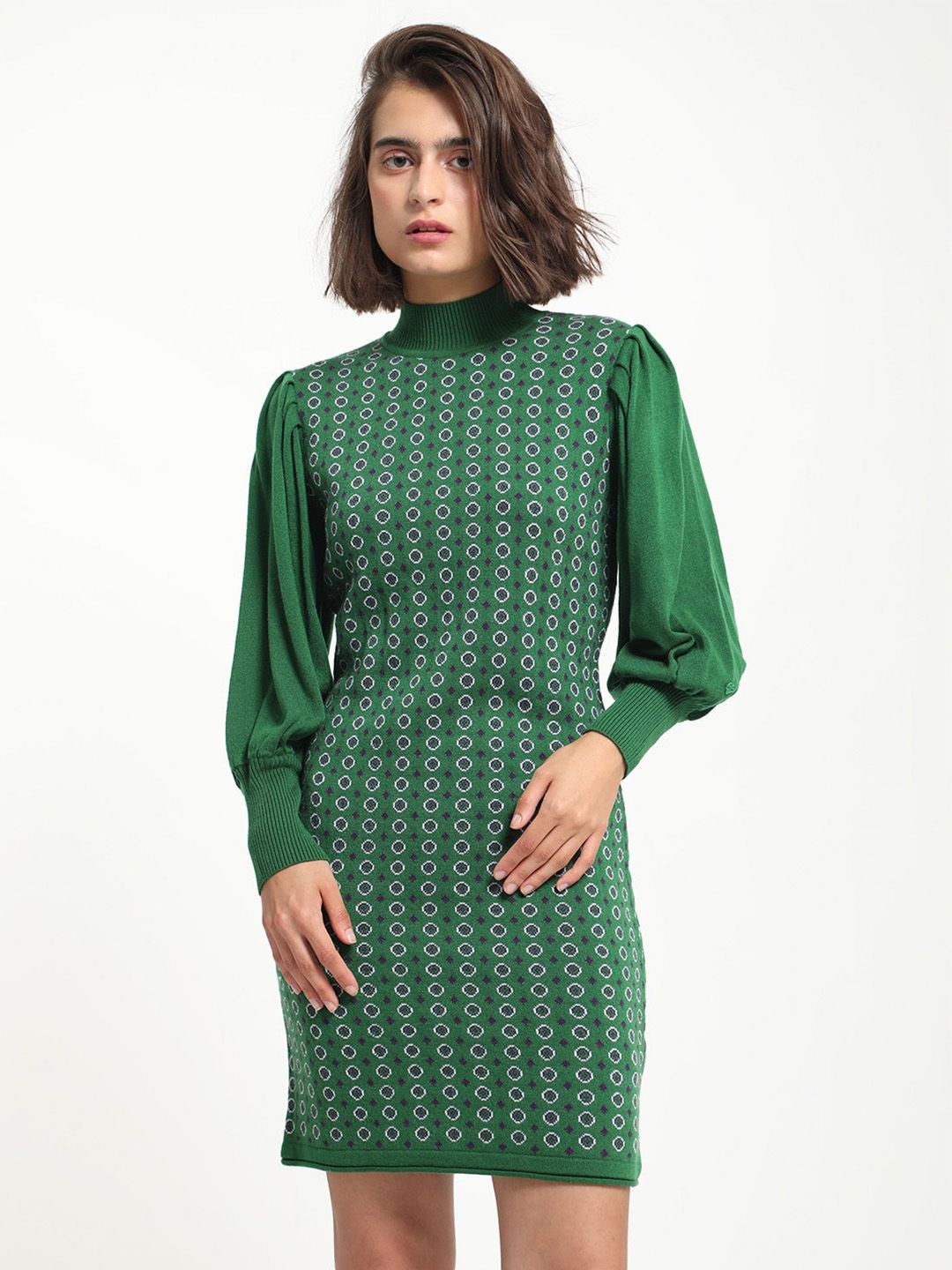 RAREISM Geometric Self Design Acrylic High Neck Sheath Winter Dresses