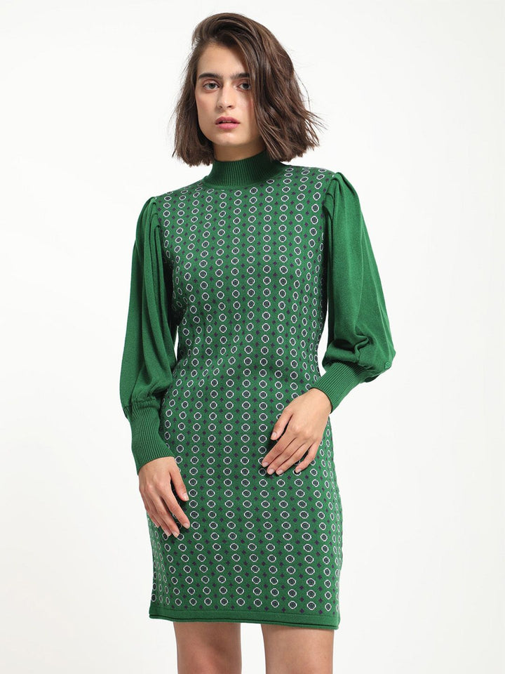 RAREISM Geometric Self Design Acrylic High Neck Sheath Winter Dresses