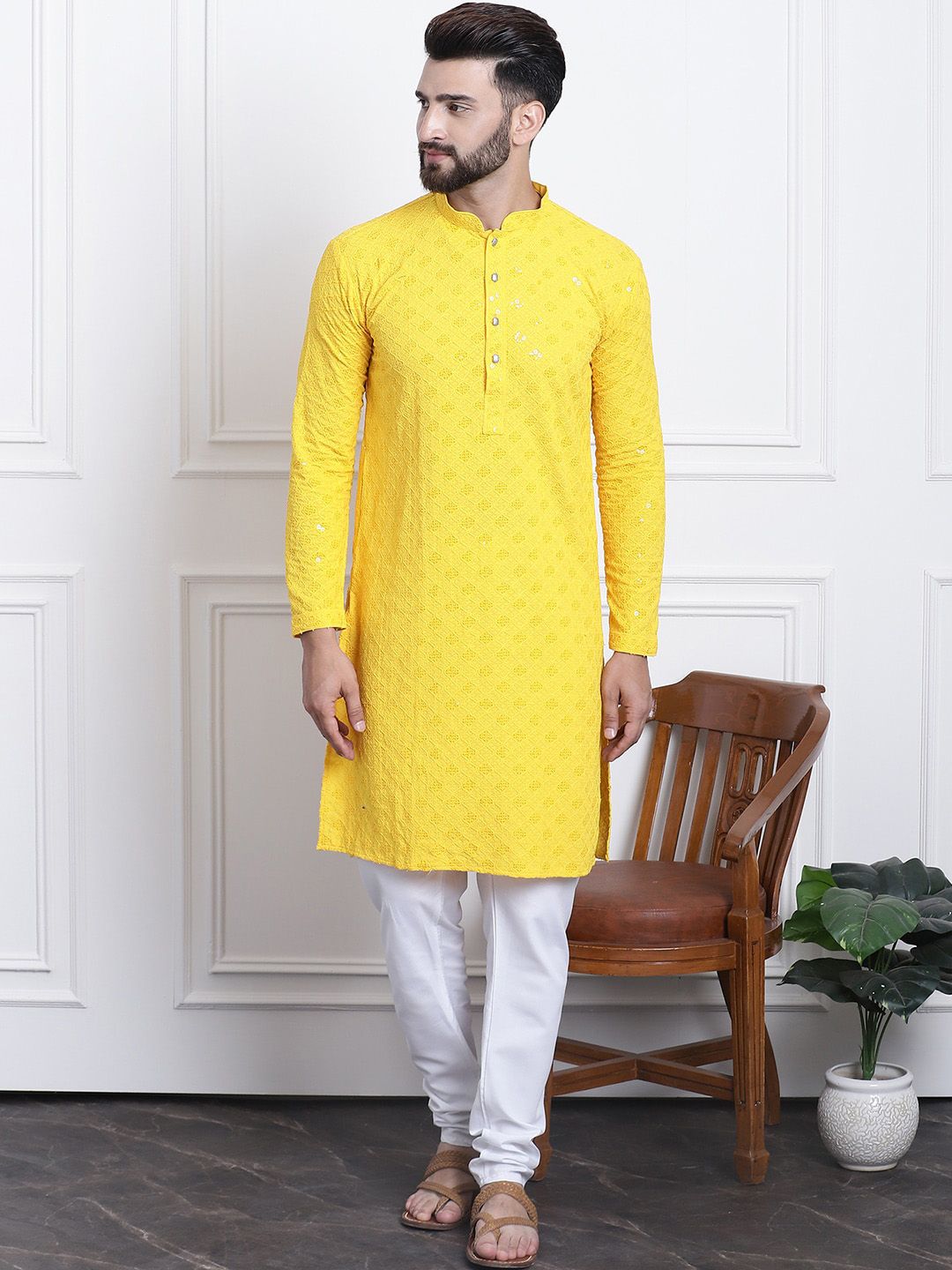 SOJANYA Ethnic Motif Embroidered Sequinned Pure Cotton Kurta with Churidar