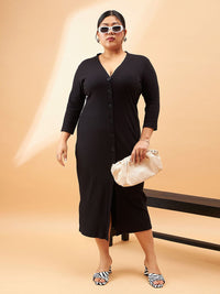 SASSAFRAS Curve Plus Size Black Ribbed V-Neck A-Line Midi Dress