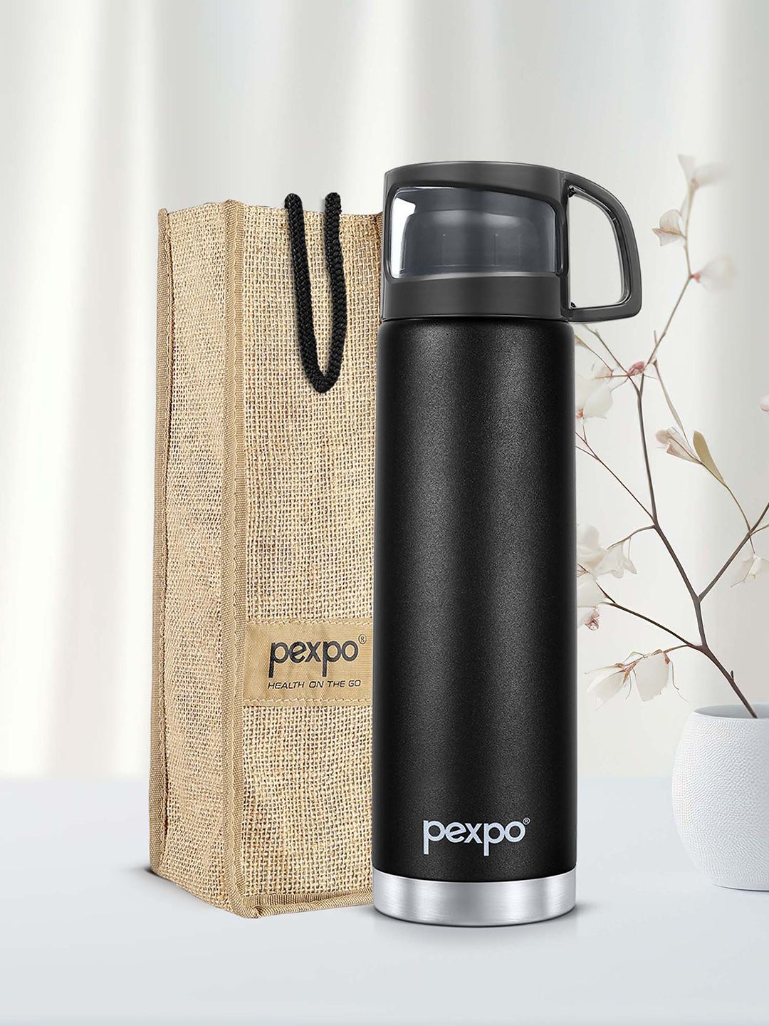 Pexpo Knight Black FERERRO-ISI Certified Thermosteel Hot and Cold Flask Water Bottle 1L