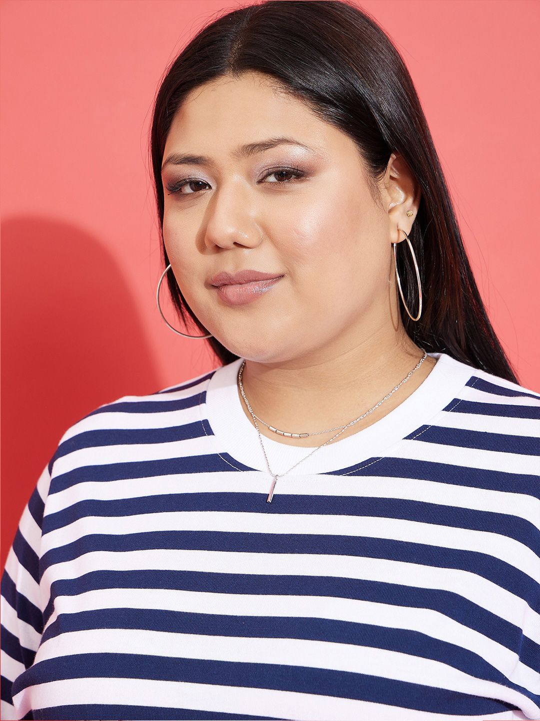 SASSAFRAS Curve Navy Blue Plus Size Striped Pullover Sweatshirt