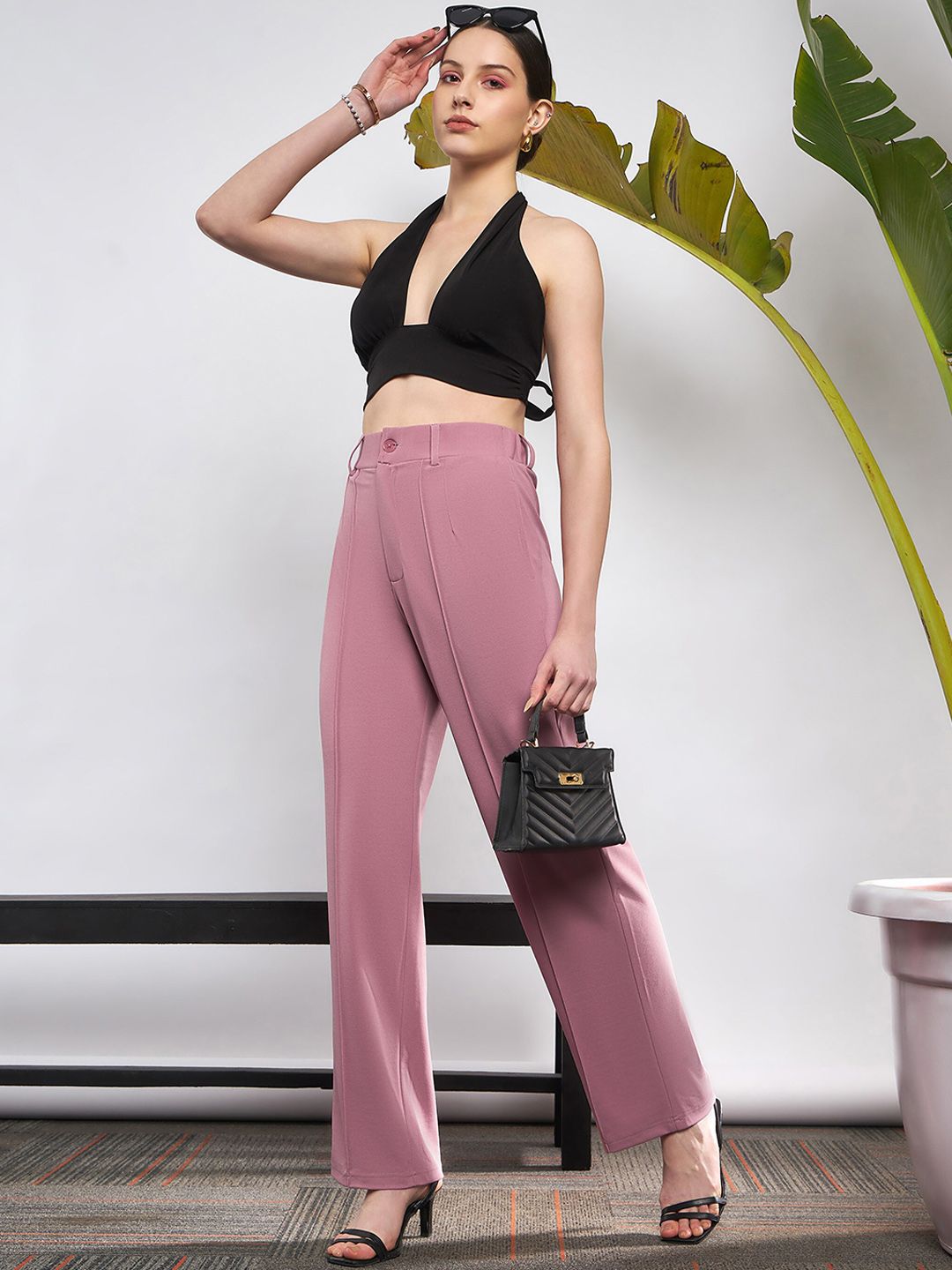 SASSAFRAS Women Pink Straight Fit High-Rise Bootcut Trousers