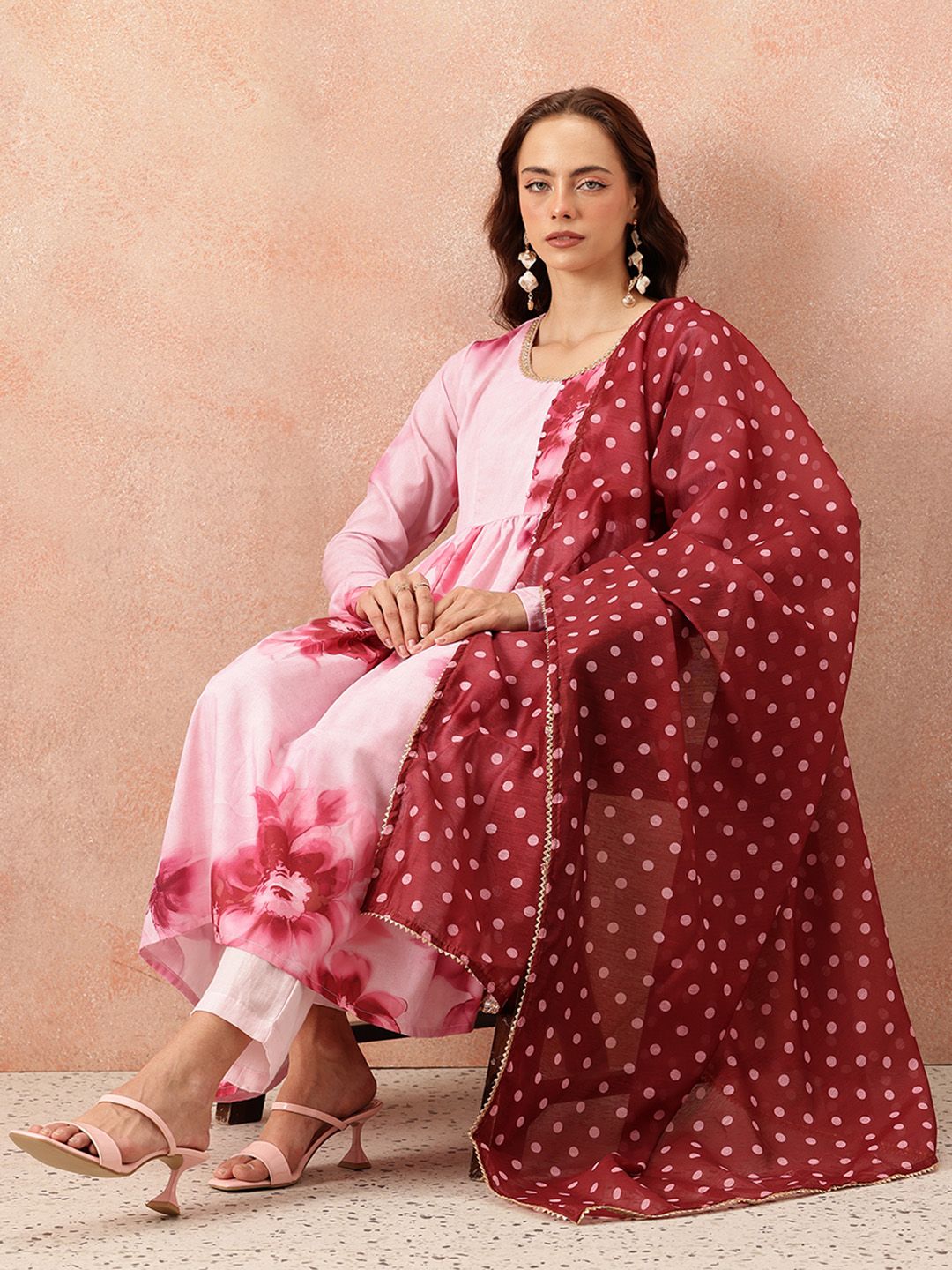 all about you Floral Printed Pleated Kurta With Trousers & Dupatta