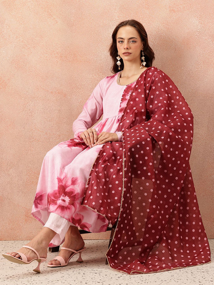 all about you Floral Printed Pleated Kurta With Trousers & Dupatta