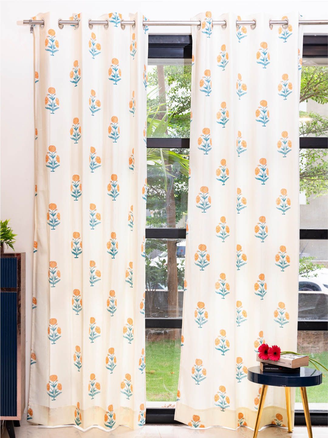 URBAN SPACE White & Yellow 2 Pieces Floral Printed Window Curtains