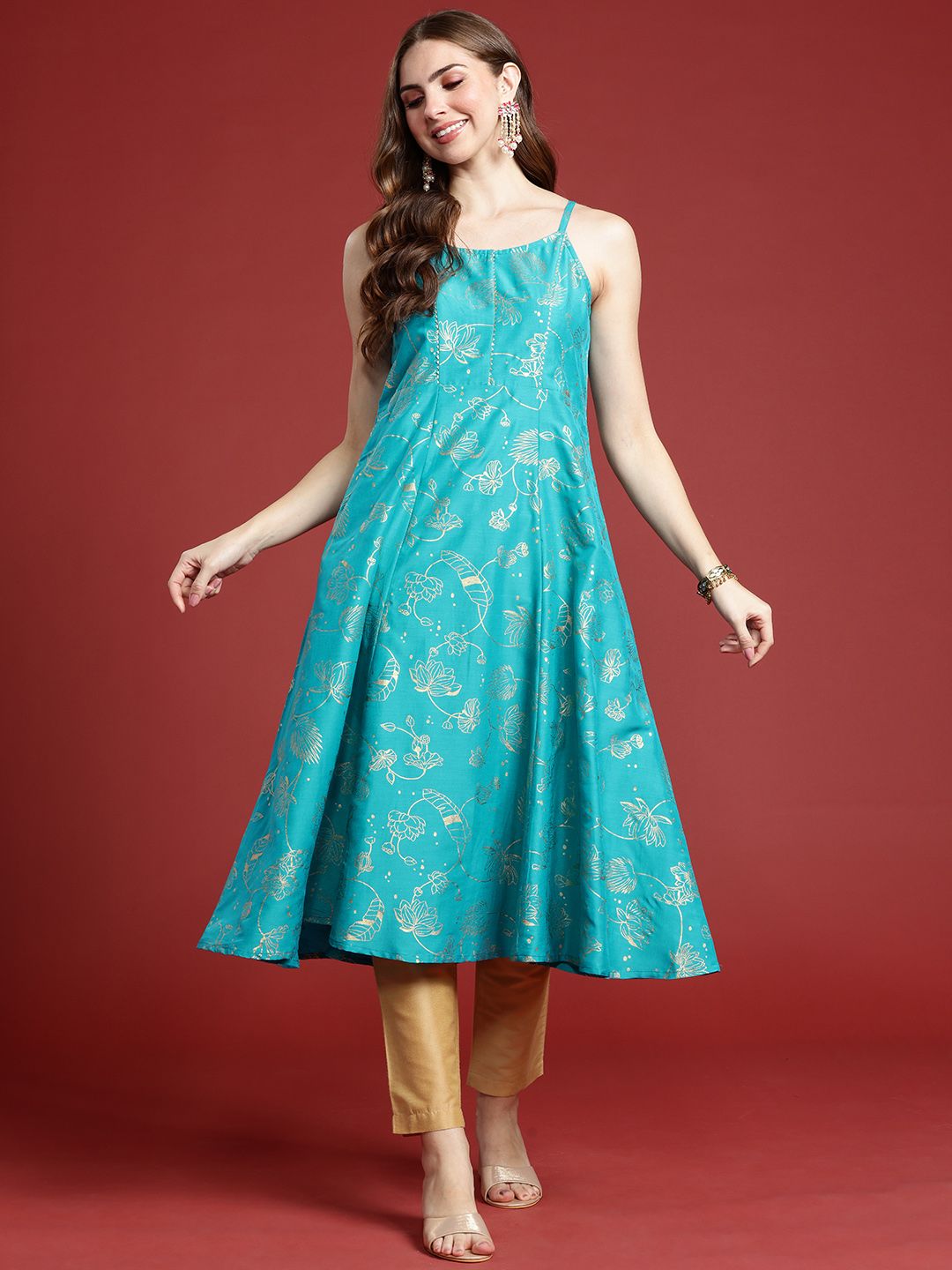 Anouk Shoulder Straps Gotta Patti Detail Floral Printed A-Line Kurta
