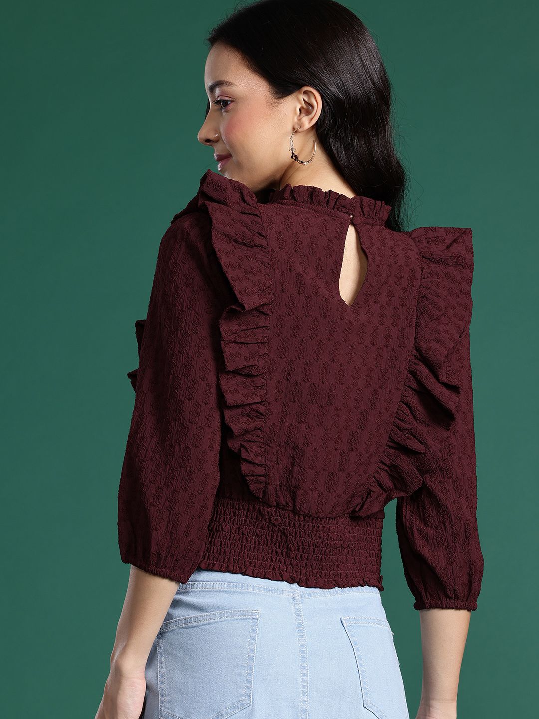 DressBerry Self-Design Ruffles Smocked Cinched Waist Top