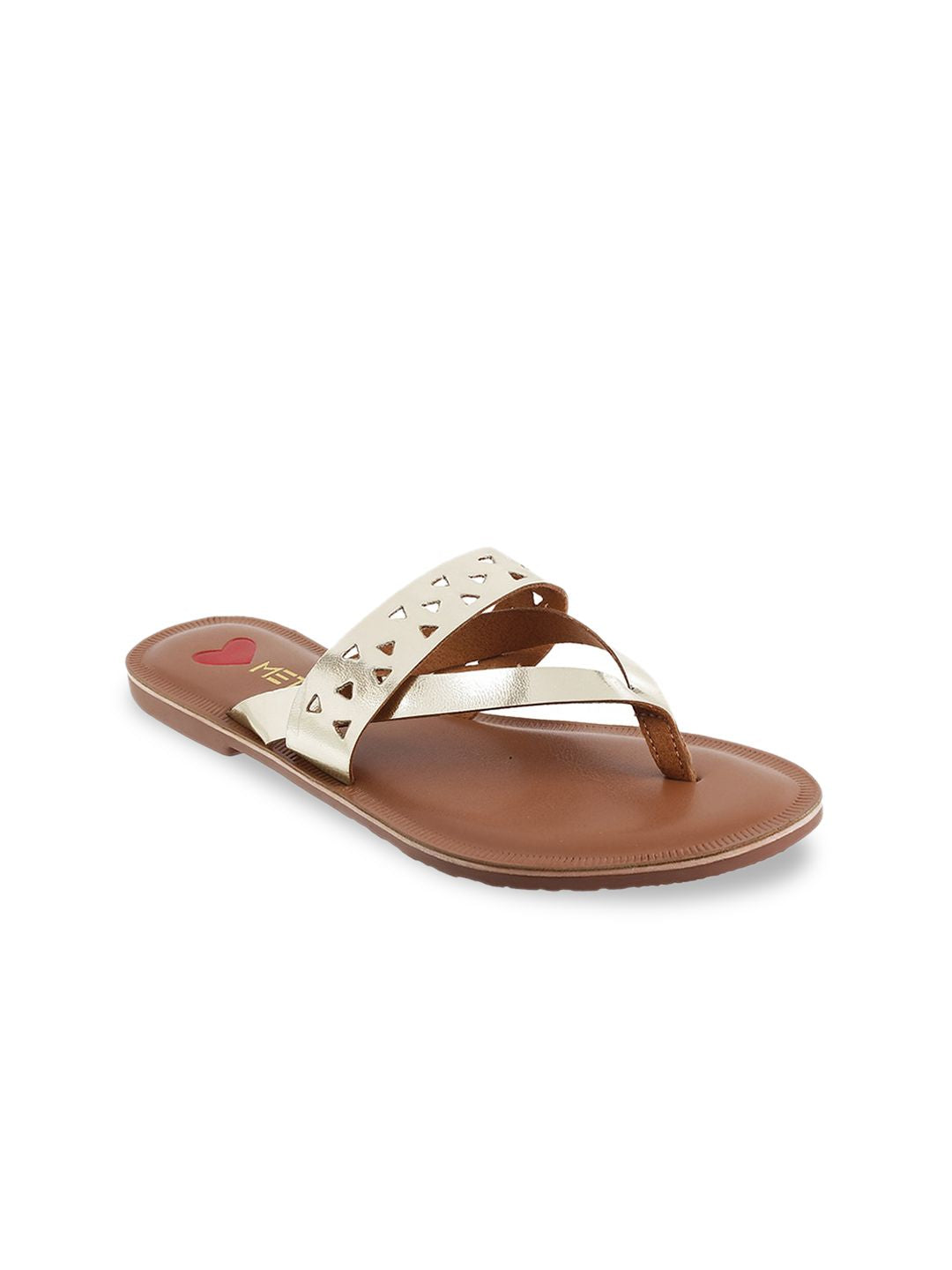 Metro Women Gold-Toned Solid T-Strap Flats