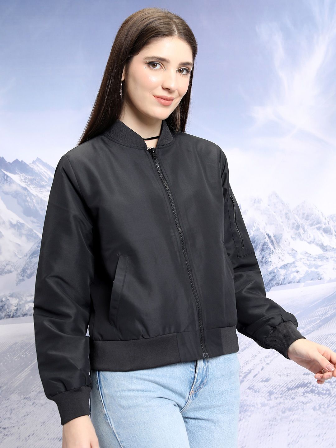 Tokyo Talkies Mandarin Collar Zip Detail Crop Bomber Jacket