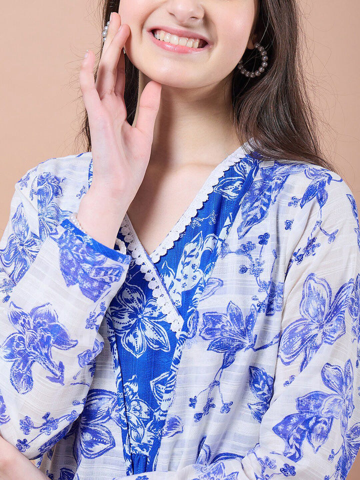 pspeaches Girls Floral Print V-Neck Long Sleeves A-Line Midi Dress With Shrug