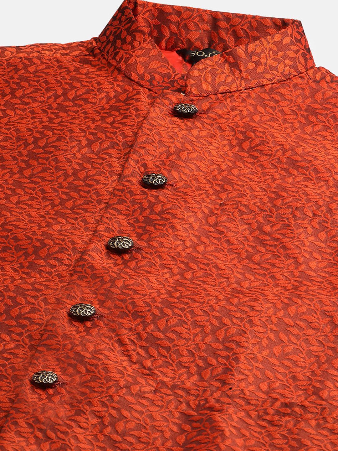 SOJANYA Men Green & Orange Ethnic Motifs Woven Design Kurta with Churidar & Nehru Jacket