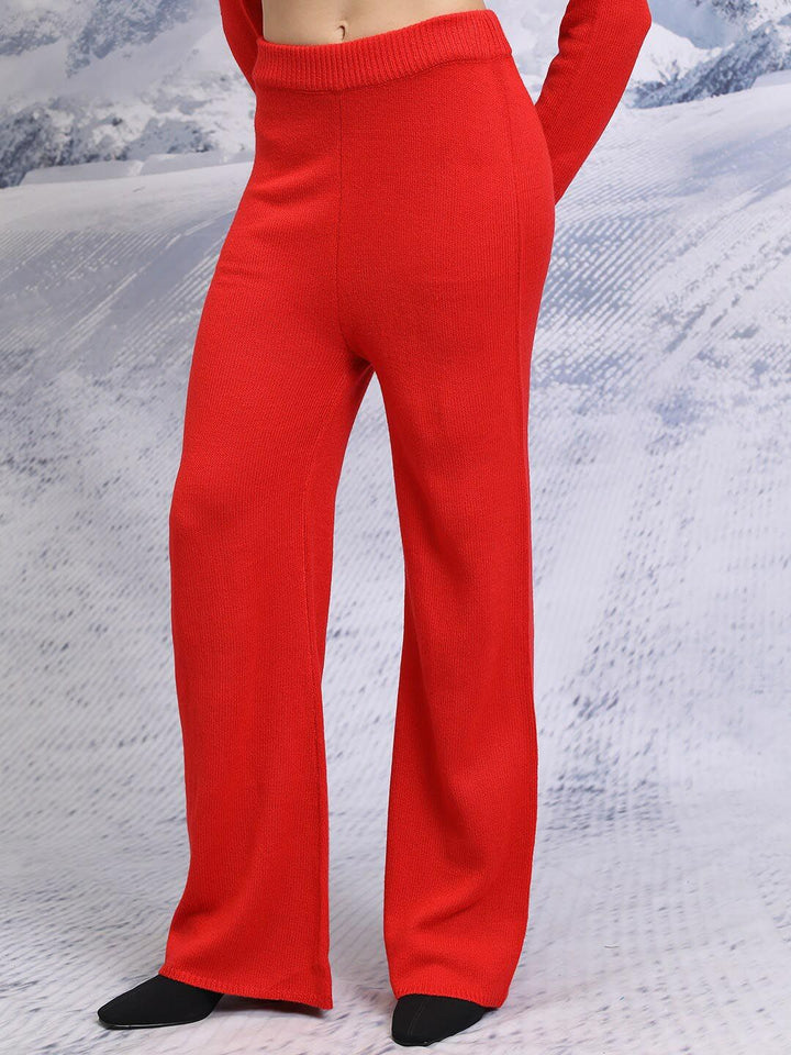 Tokyo Talkies Red Relaxed Fit Acrylic Sweater & Wide Leg Trousers