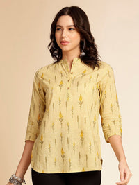 Anouk Mustard Yellow Botanical Printed Mandarin Collar Pure Cotton Short Kurti
