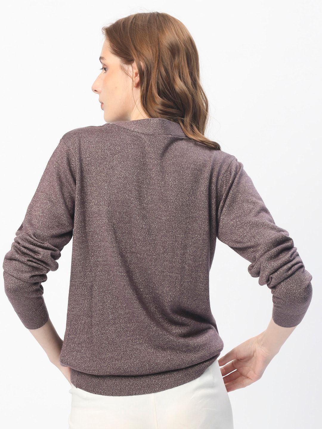 RAREISM Round Neck Acrylic Tie up Shimmer Sweater