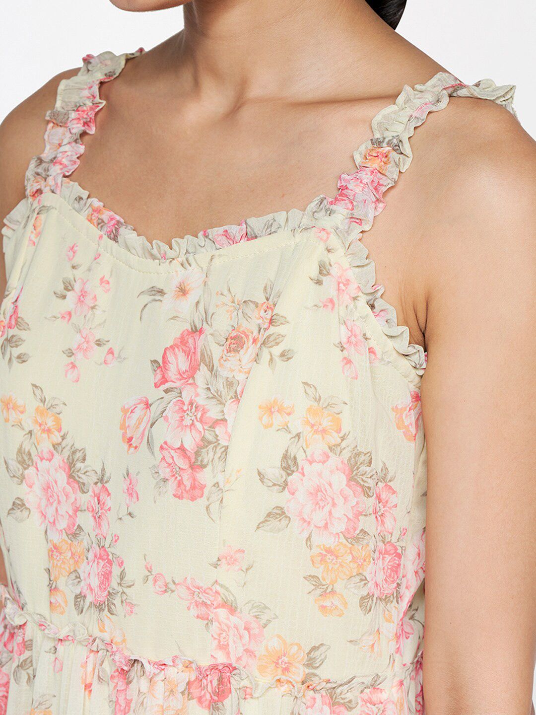 AND Floral Printed Shoulder Straps Gathered Tiered Fit & Flare Dress