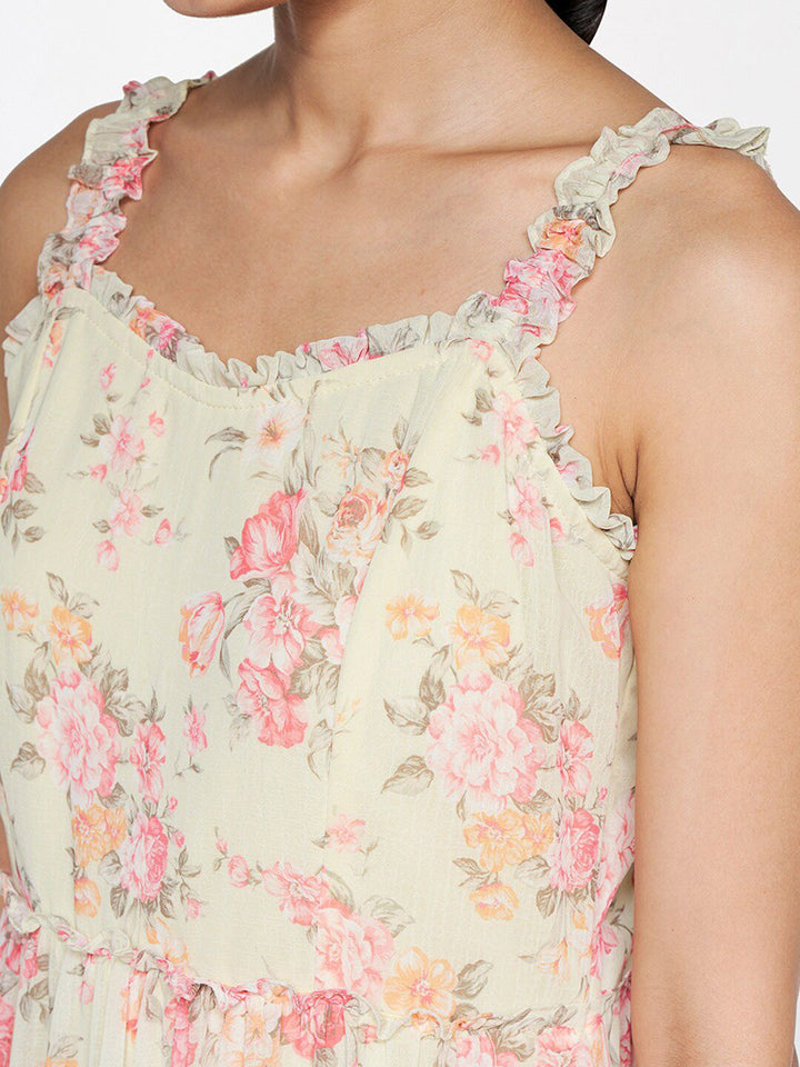 AND Floral Printed Shoulder Straps Gathered Tiered Fit & Flare Dress