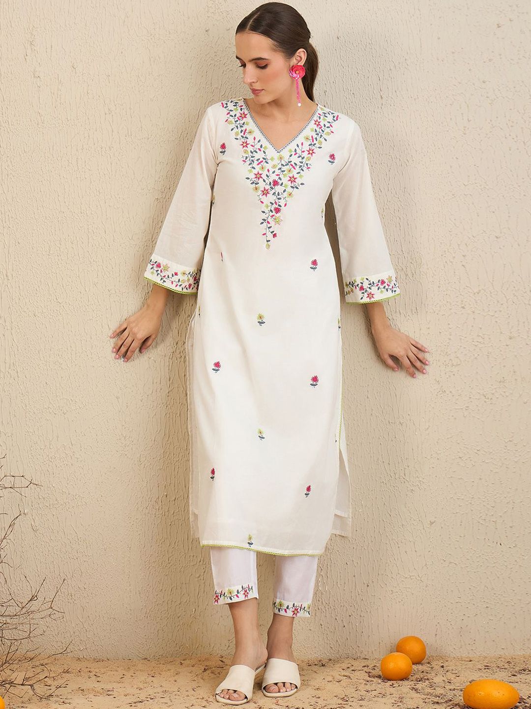 Indo Era Floral Embroidered Pure Cotton Kurta With Trousers & Dupatta