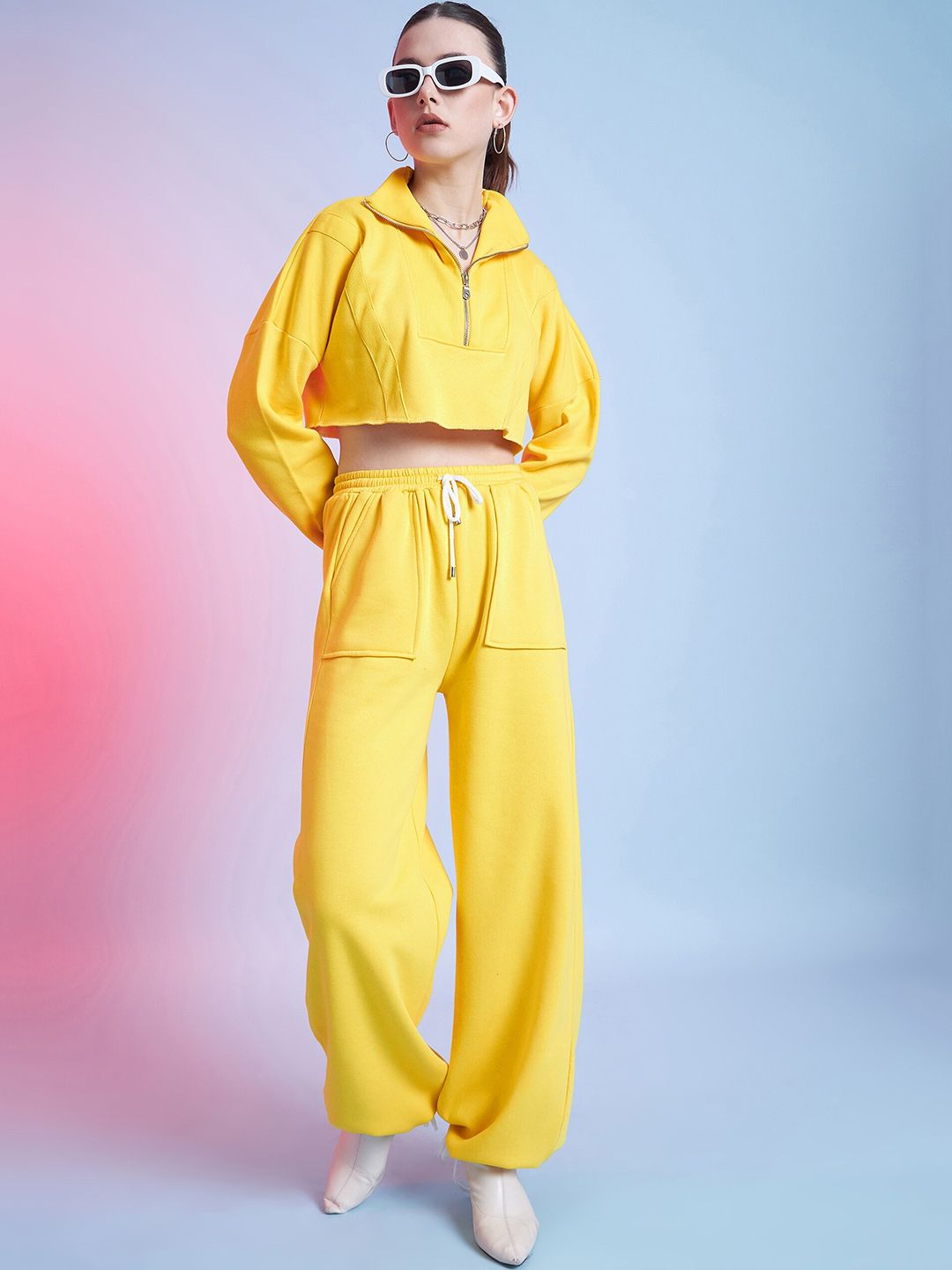 STREET 9 Yellow Mock Collar Pure Cotton Crop Sweatshirt