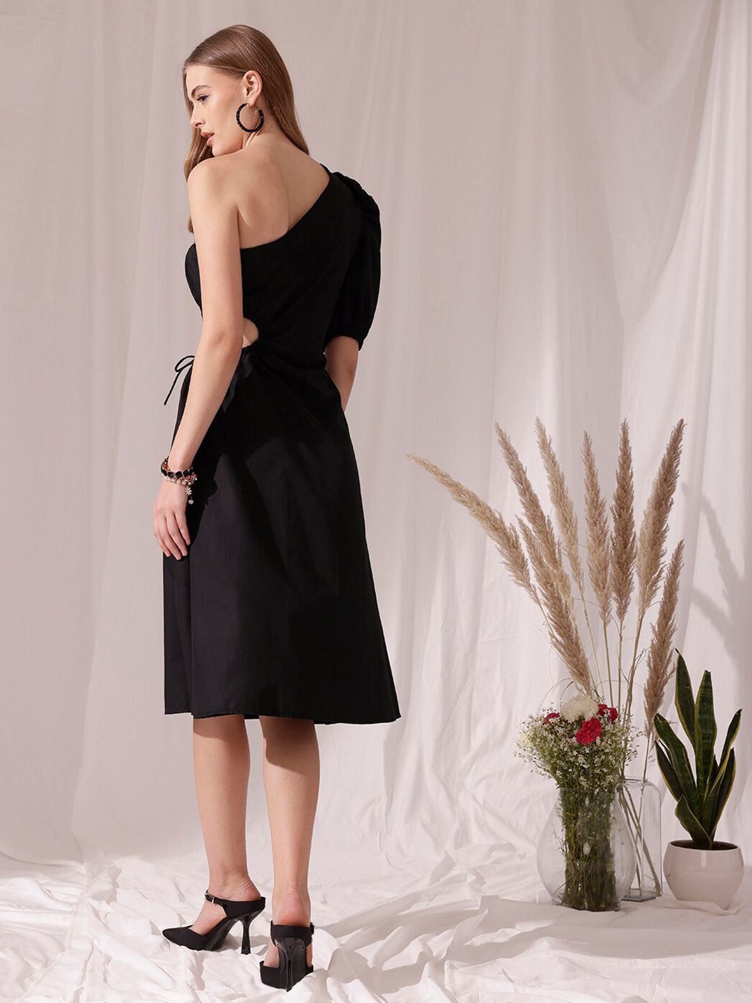 STREET 9 One Shoulder Puff Sleeves Cotton Fit & Flare Midi Dress