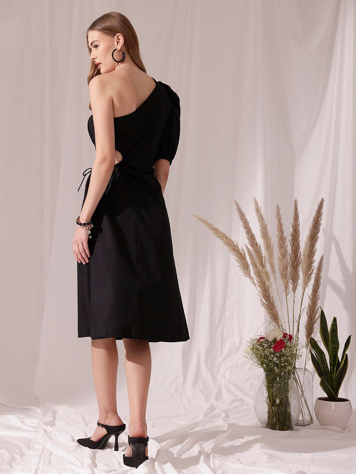 STREET 9 One Shoulder Puff Sleeves Cotton Fit & Flare Midi Dress