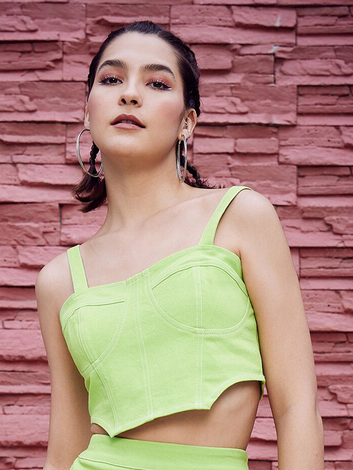 Athena Green Shoulder Straps Cotton Canvas Fitted Crop Top