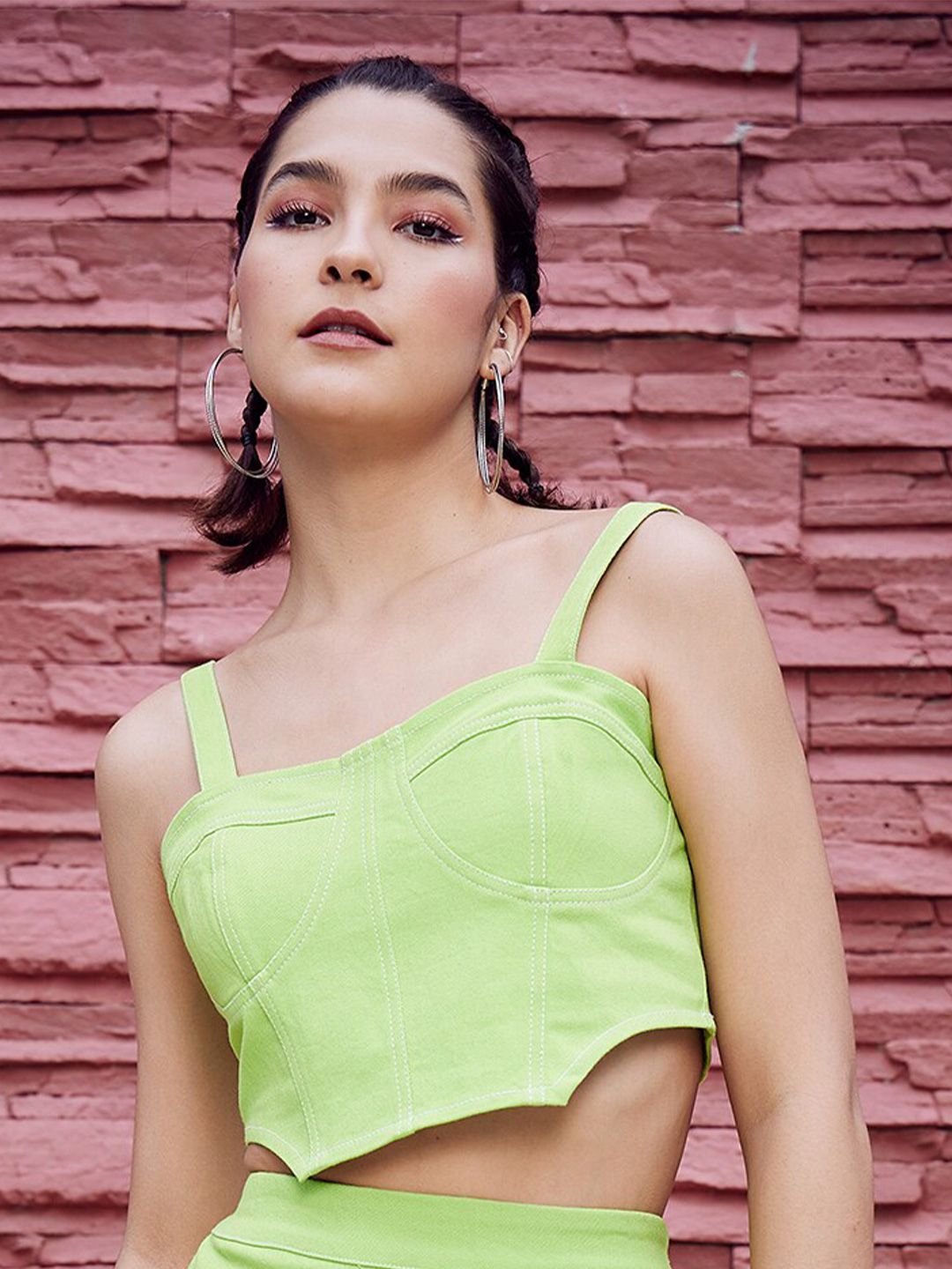 Athena Green Shoulder Straps Cotton Canvas Fitted Crop Top