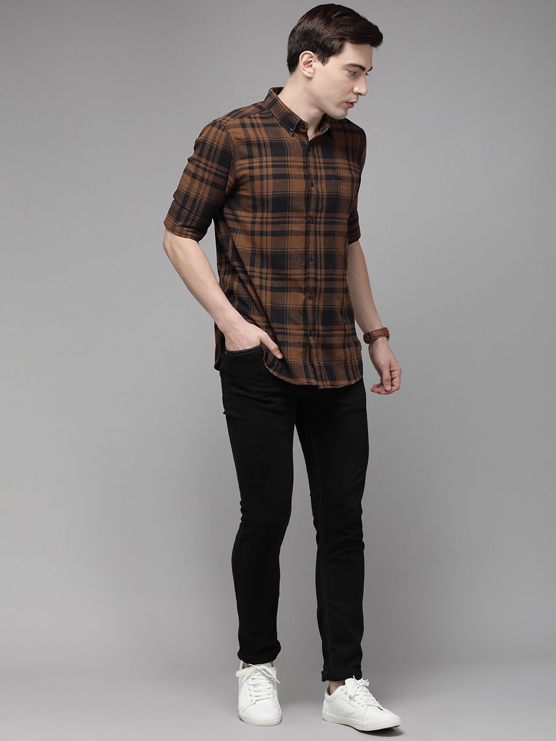 THE BEAR HOUSE Men Brown Slim Fit Pure Cotton Checked Flannel Casual Shirt