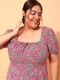 CURVY STREET Plus Size Fuchsia & White Floral printed Square Neck A-Line Dress