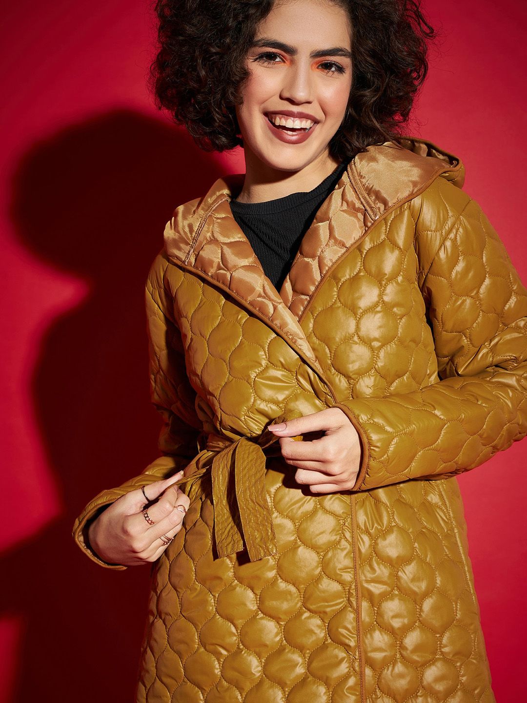 SASSAFRAS Mustard Yellow Hooded Longline Quilted Jacket With Belt
