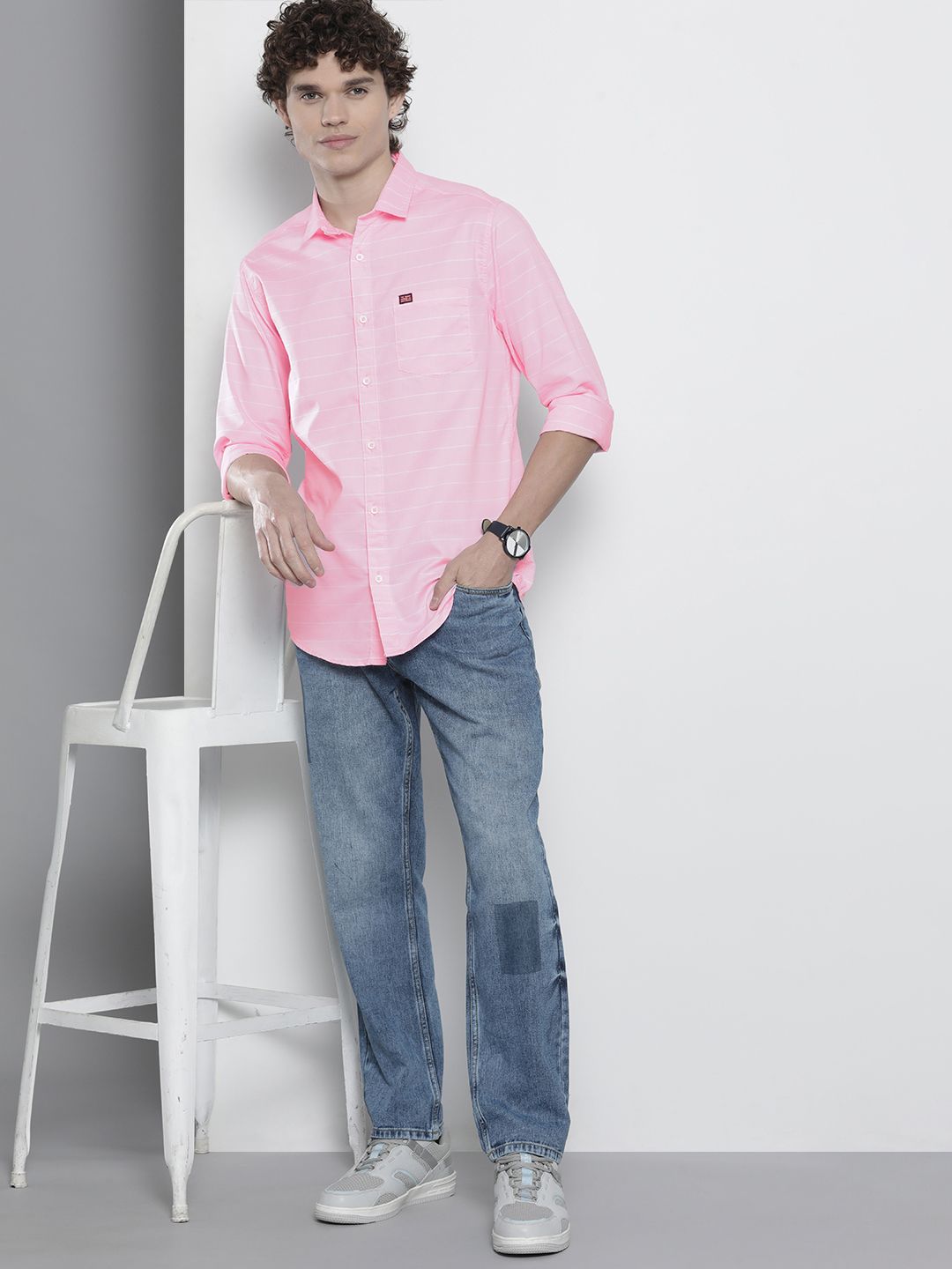 The Indian Garage Co Men Pink Slim Fit Striped Pure Cotton Casual Shirt
