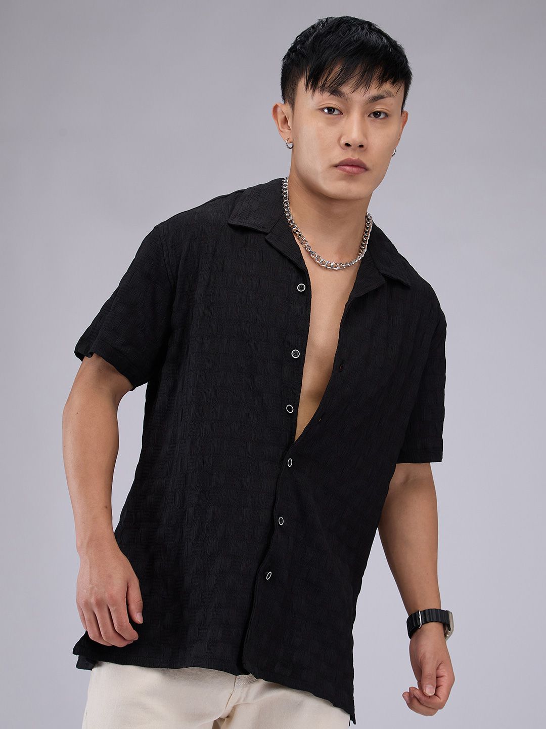 VASTRADO Men Classic Cuban Collar Textured Oversized Casual Shirt