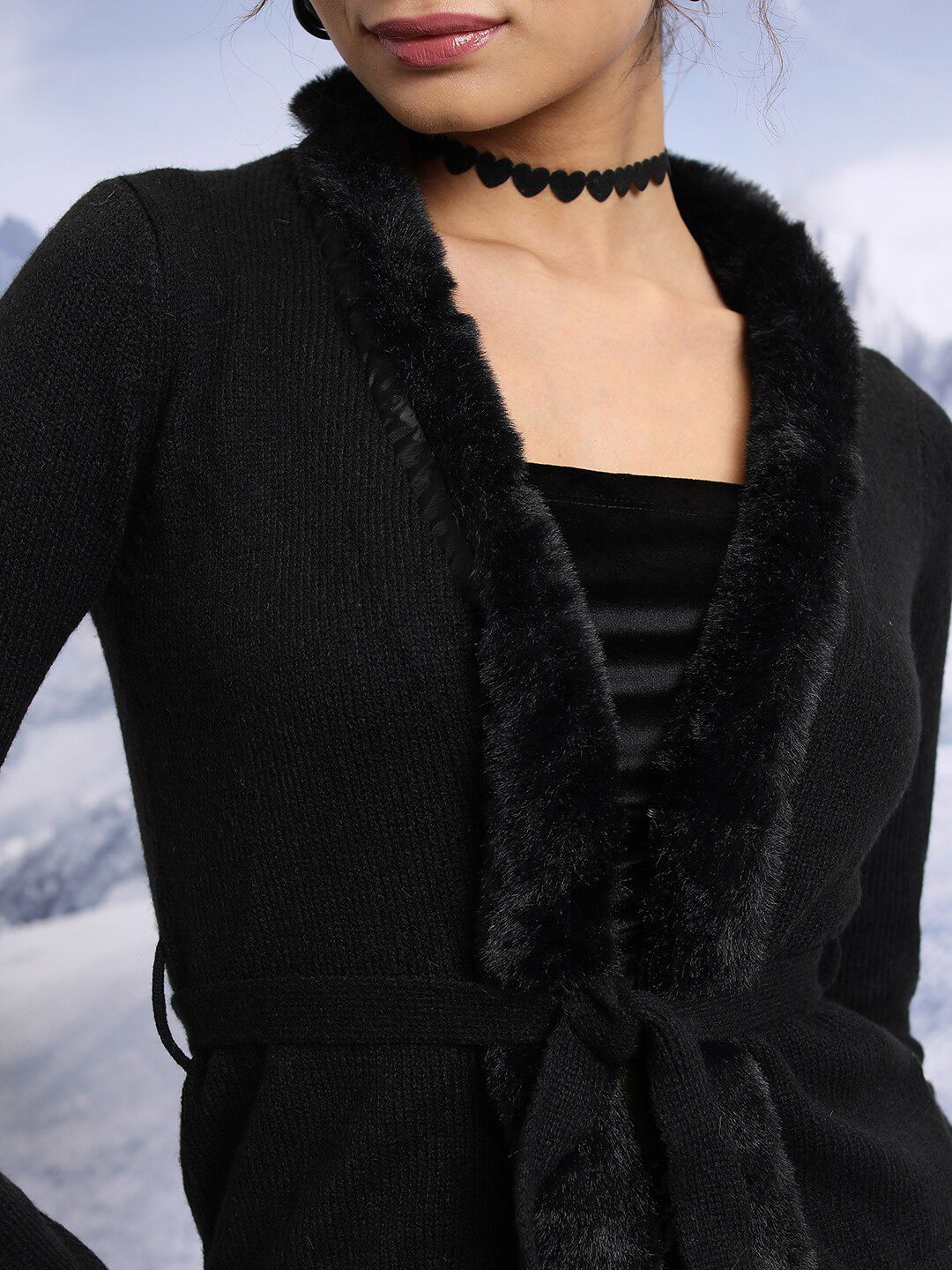 Tokyo Talkies Women Black Fur Collared Acrylic Front-Open Sweaters