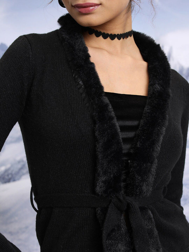 Tokyo Talkies Women Black Fur Collared Acrylic Front-Open Sweaters