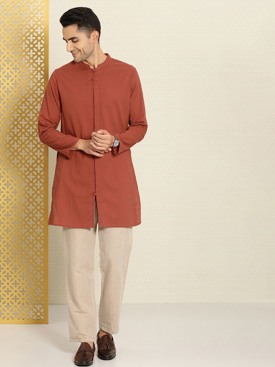 House of Pataudi Men Pure Cotton Solid Straight Mandarin Collar Rozana Kurta