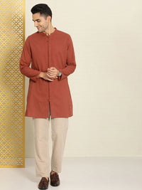 House of Pataudi Men Pure Cotton Solid Straight Mandarin Collar Rozana Kurta