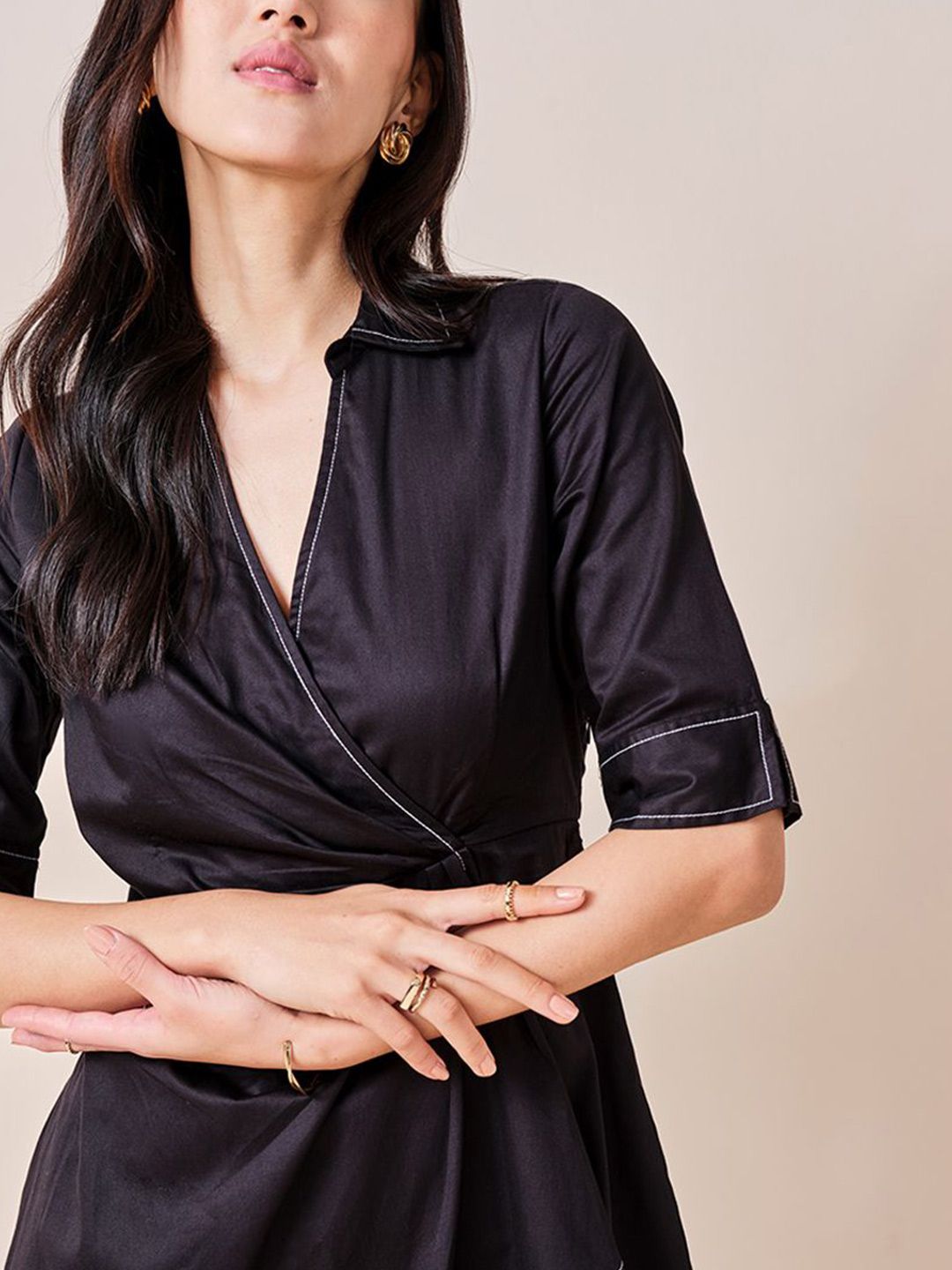 AND Solid Shirt Collar Neck Wrap Dress