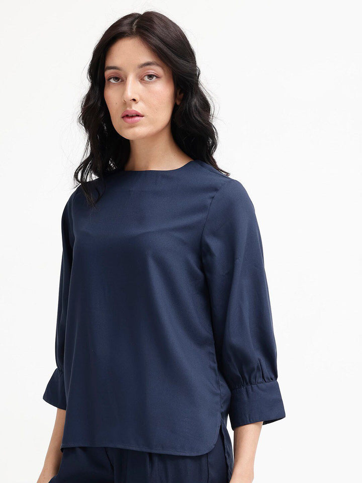 RAREISM Round Neck Cuffed Sleeves Styled Back Top