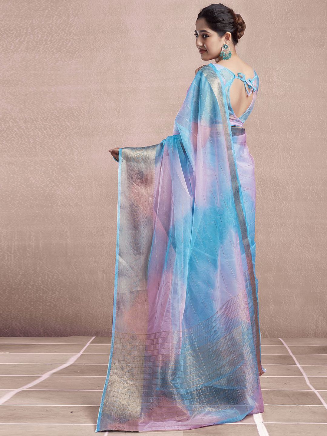 KALINI Ombre Printed Zari Organza Dabu Saree