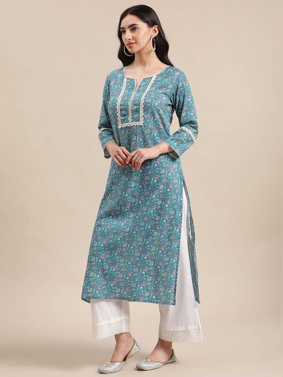 Varanga Women Blue Jaipuri Floral Print Pure Cotton Lace Detailed Kurta