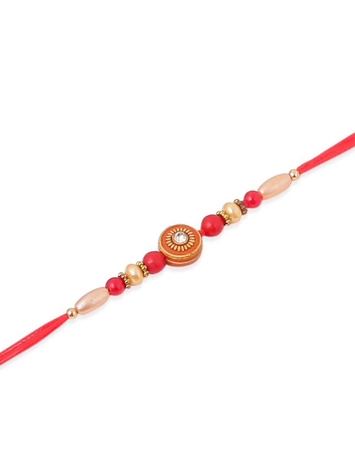 NVR Unisex Set of 4 Artificial Stones Beads Thread Rakhi with Roli Chawal Chandan Mishri