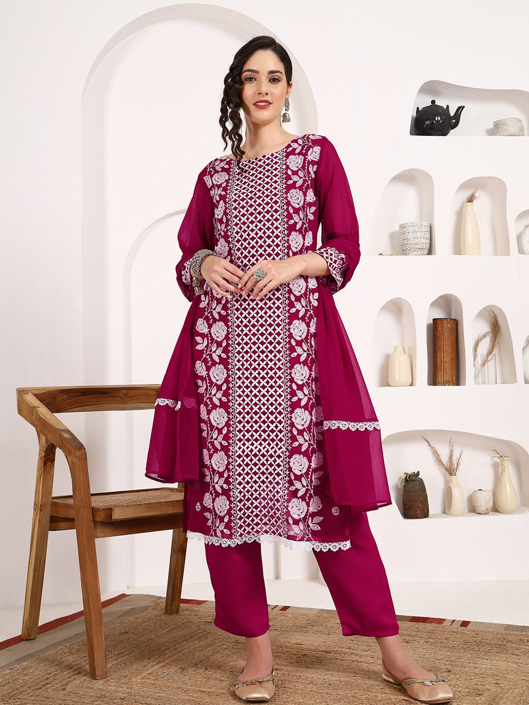 KALINI Floral Embroidered Chikankari Georgette Straight Kurta With Trousers & Dupatta